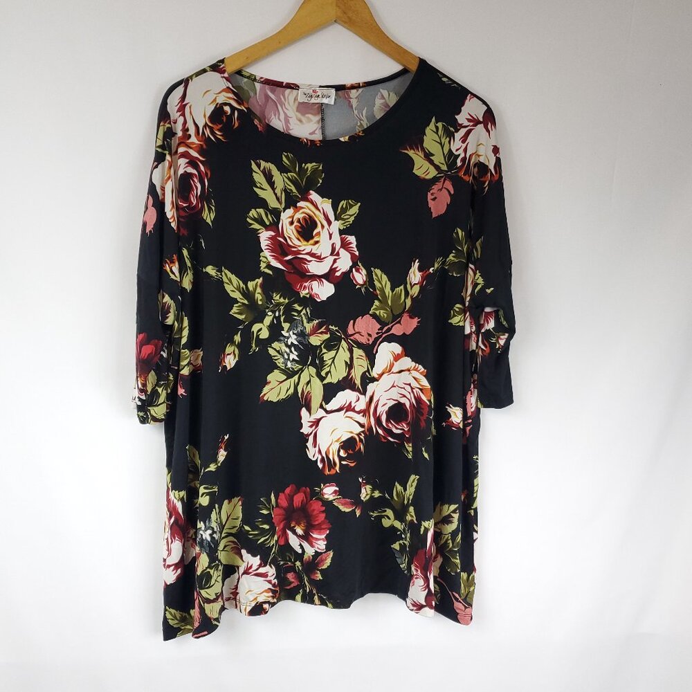 The Zig Zag Stripe Womens Black Floral Print Half Slv Flowy Silky Blouse Sz 2X